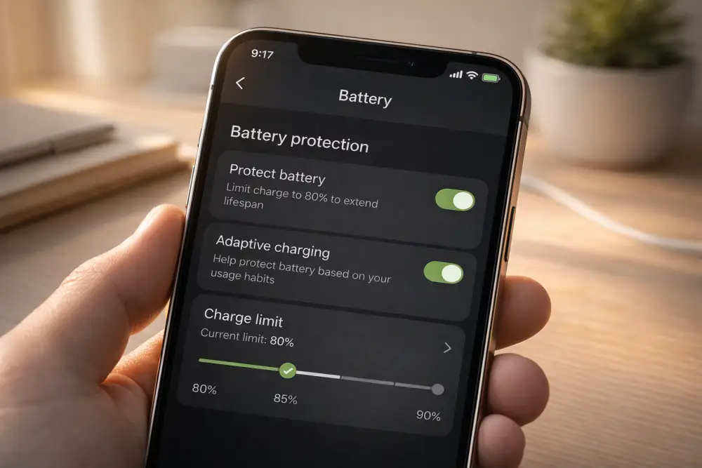 شاشة إعدادات هاتف تعرض خيارات حماية البطارية وحد الشحن